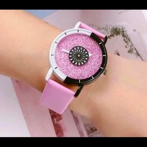 Sunflower 1/2 White & Black Face W/Pink Glitter & Black Flower Dial Quartz Watch
